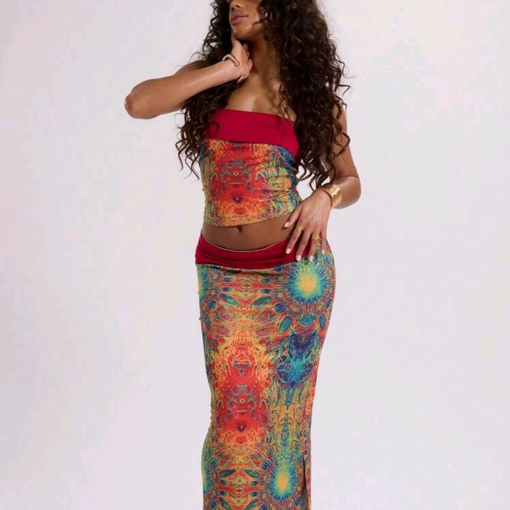 Vibrant Blue and Orange Maxi Pencil Skirt Set. Size XL
